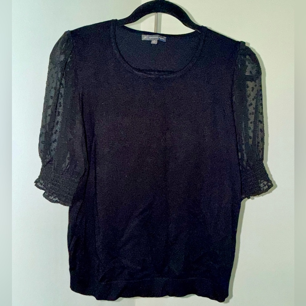 Adrianna Papell Black Knit Top with Sheer Swiss Dot Puff Sleeves – Size M